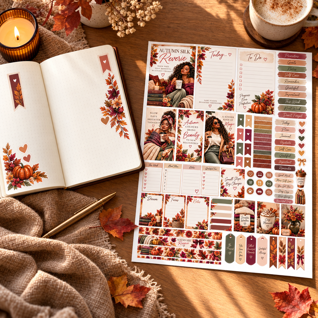 Autumn Planner sticker sheet beside a decorated open journal