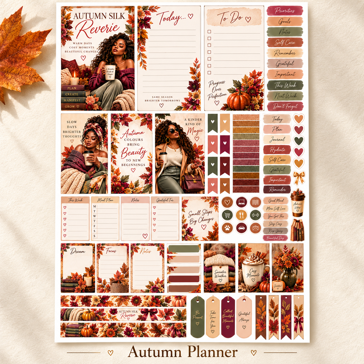 Autumn Planner functional labels and autumn decorative boxes sticker sheet, labelled design