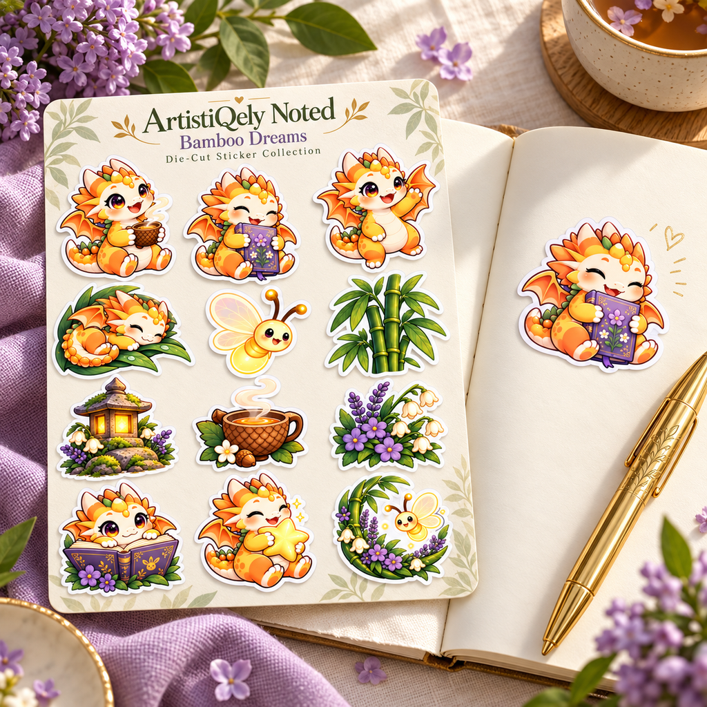 Bamboo Dreams dragon sticker collection with floral journal dragon decorating an open cream journal