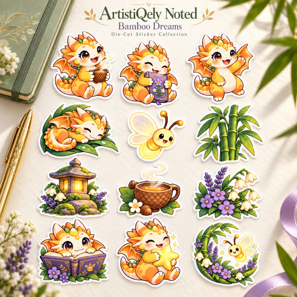 Bamboo Dreams twelve-piece sticker collection with orange dragons, bamboo, fireflies, books and purple flowers