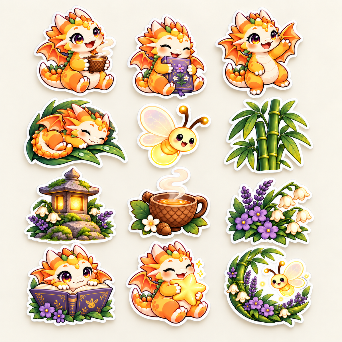 All twelve Bamboo Dreams dragon, bamboo, firefly and floral sticker designs on ivory background