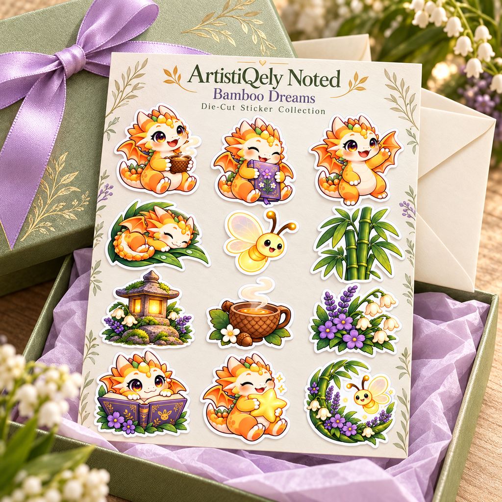 Bamboo Dreams twelve-design dragon sticker collection styled with sage gift box and lilac ribbon