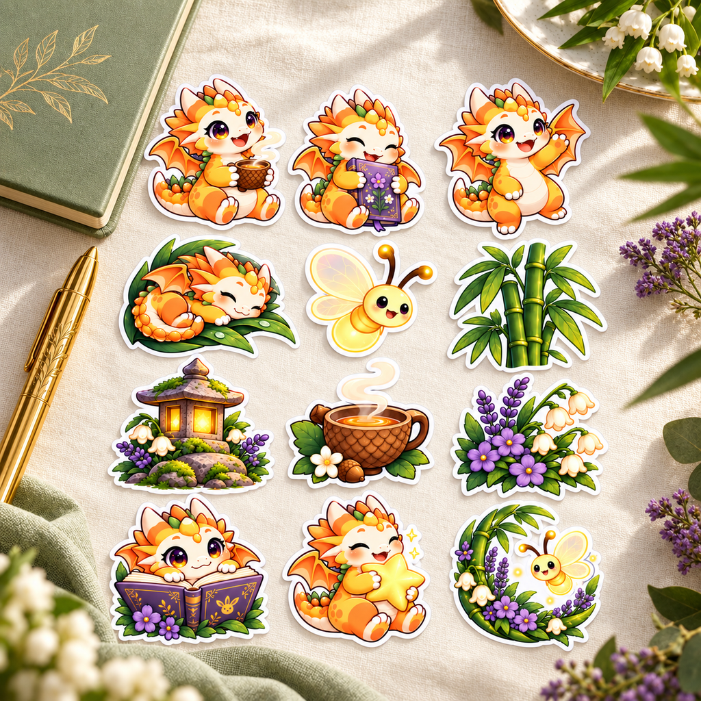 Bamboo Dreams twelve kawaii dragon and botanical stickers styled with sage journal and gold pen