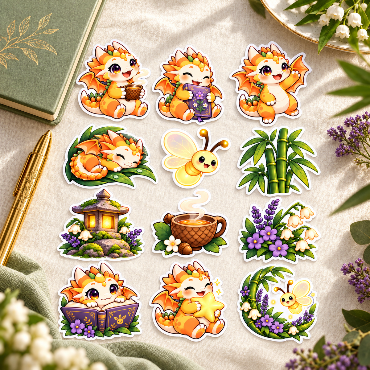 Bamboo Dreams twelve kawaii dragon and botanical stickers styled with sage journal and gold pen