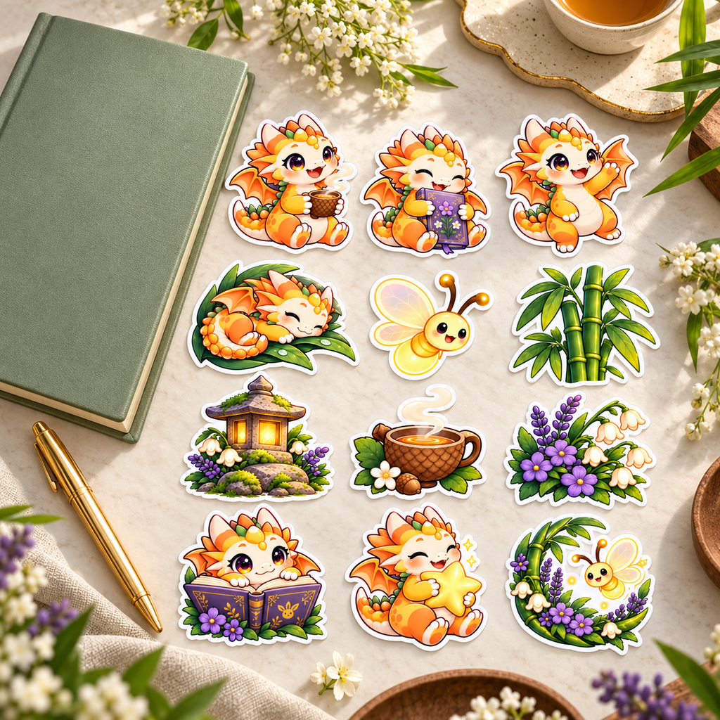 Complete Bamboo Dreams dragon sticker collection presented beside a closed sage journal