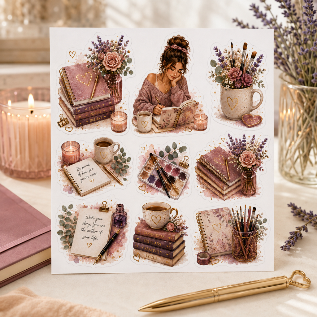 Blush Bloom creative journalling sticker sheet styled with lavender and gold stationery