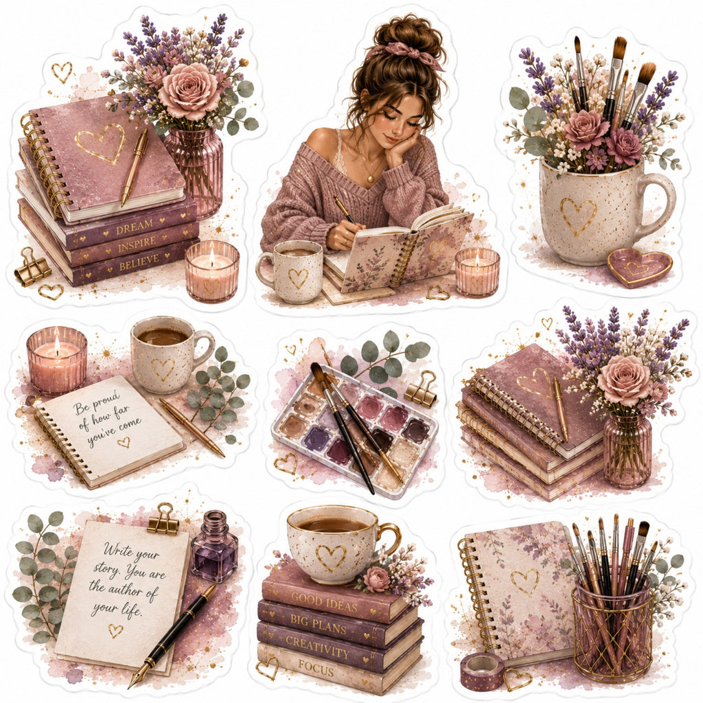 Original Blush Bloom creative journalling sticker sheet with woman flowers notebooks and art supplies