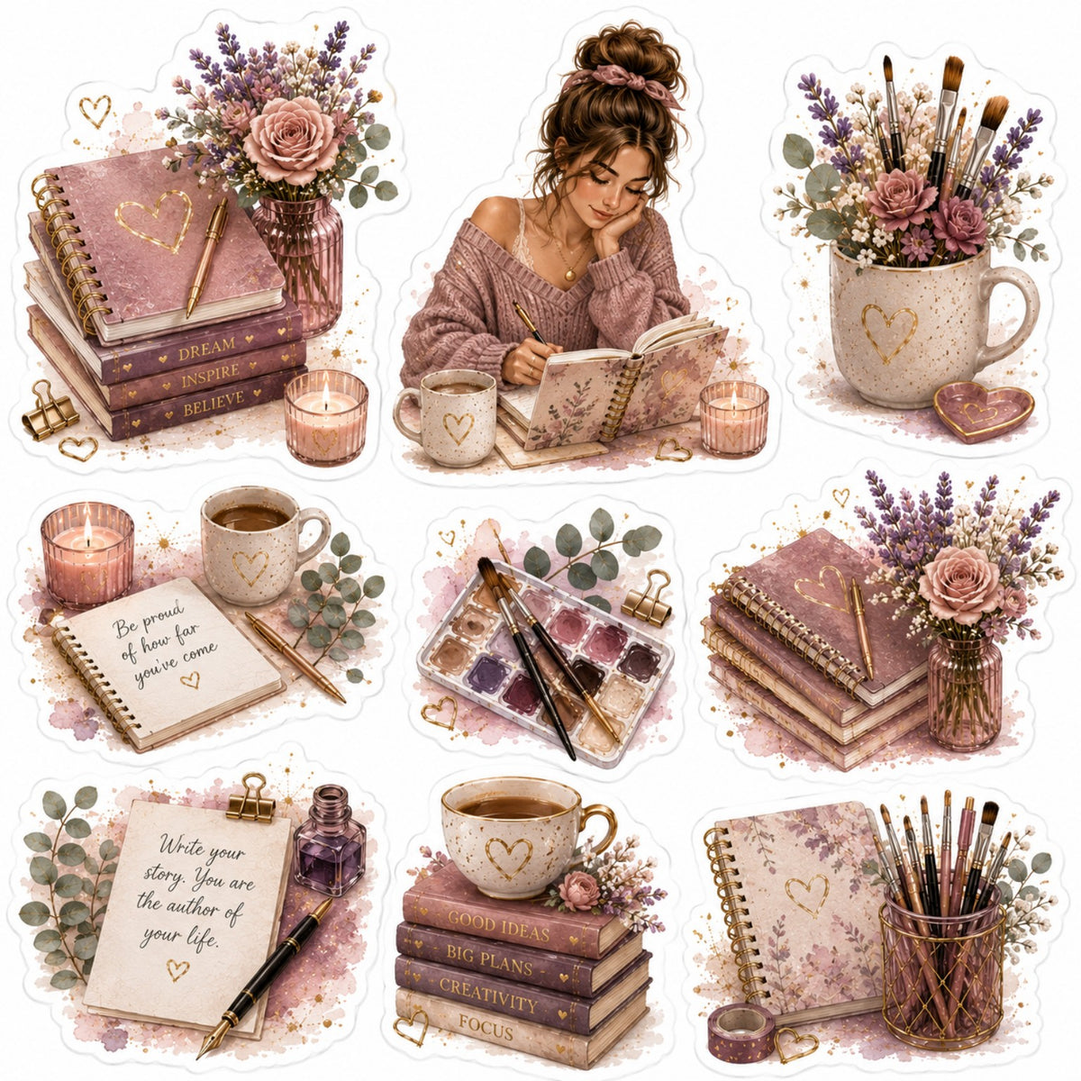 Original Blush Bloom creative journalling sticker sheet with woman flowers notebooks and art supplies