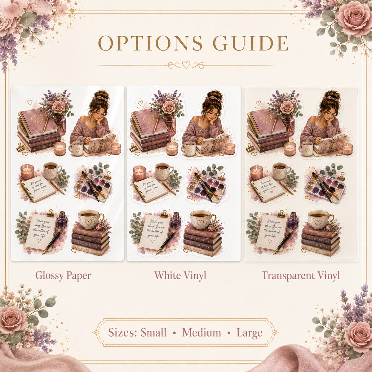 Blush Bloom sticker size and material options guide