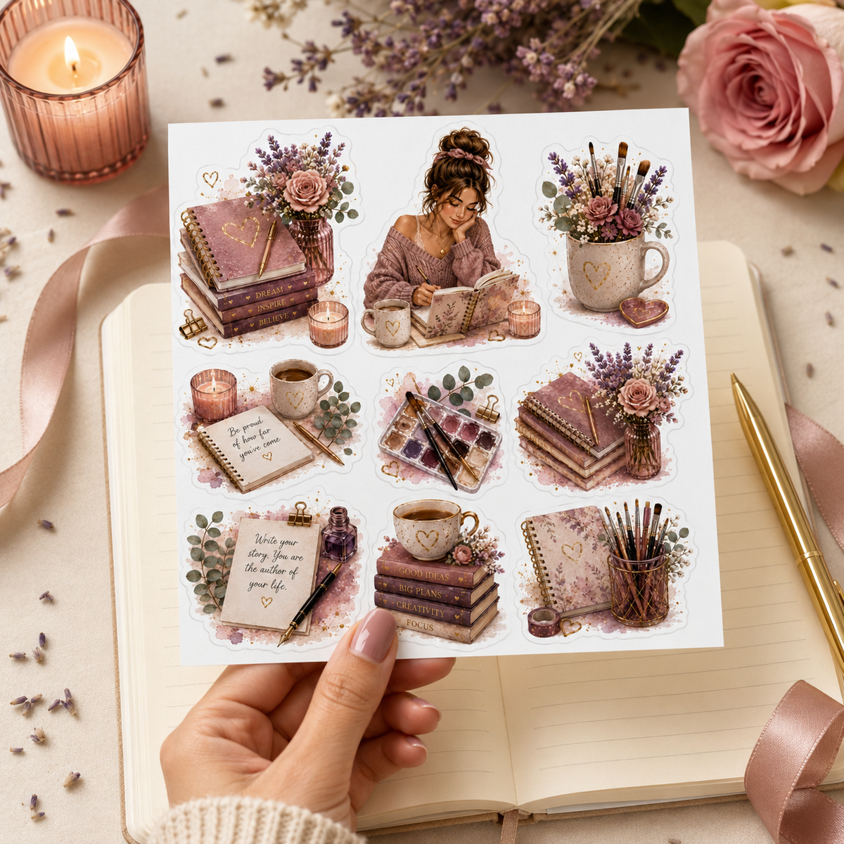 Blush Bloom sticker sheet held above an open journal