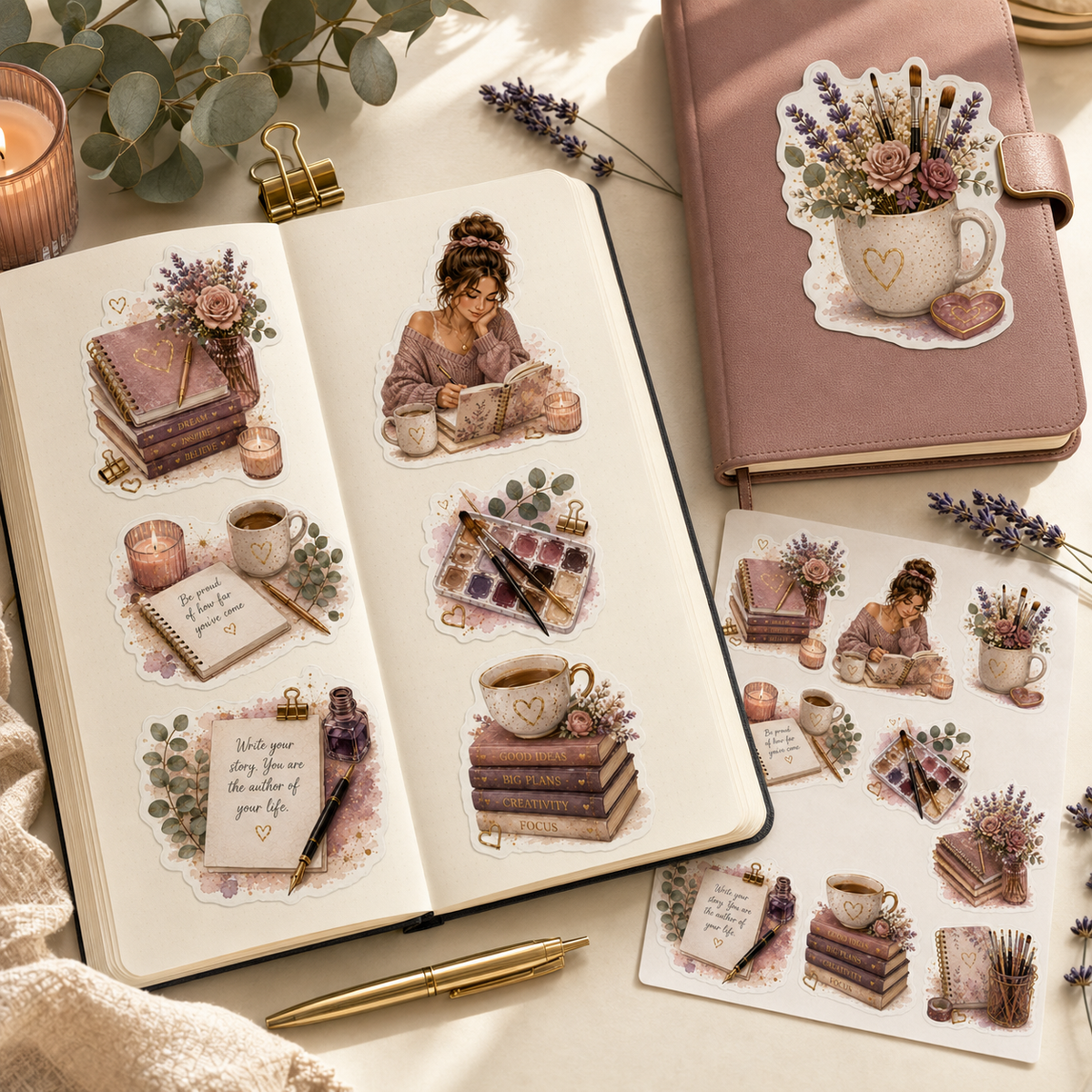 Blush floral creative stickers decorating a journal and mauve planner