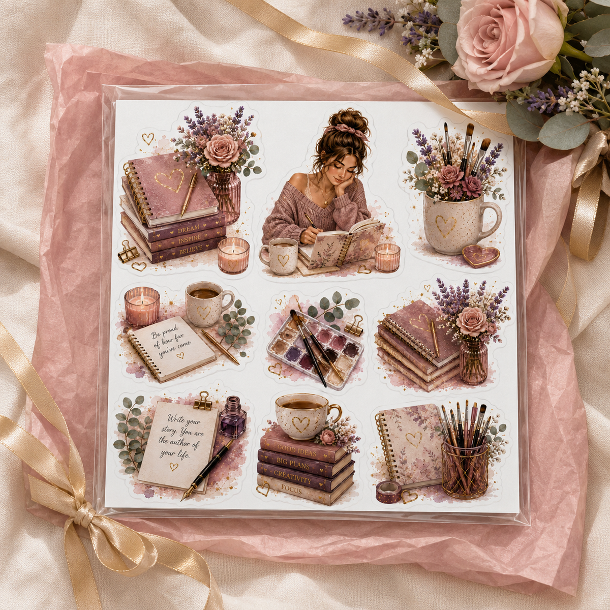 Blush Bloom sticker sheet in gift-ready rose and gold packaging