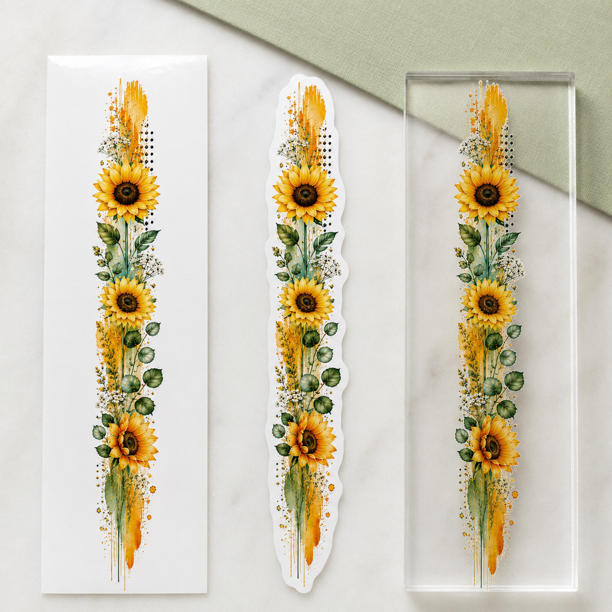 Sunflower border sticker shown in glossy paper white vinyl and transparent vinyl materials