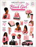 Set of black girl stickers featuring diverse illustrated characters, colorful designs, and empowering messages from Artistiqely Noted by D'Sare.