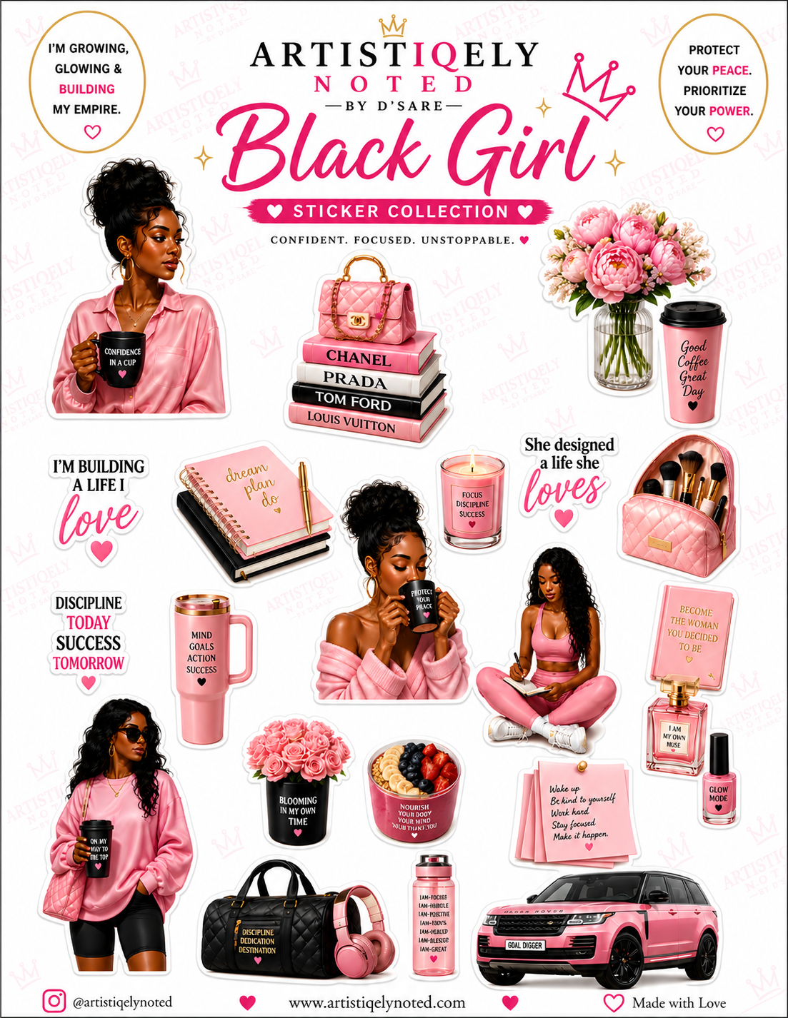 Set of black girl stickers featuring diverse illustrated characters, colorful designs, and empowering messages from Artistiqely Noted by D'Sare.