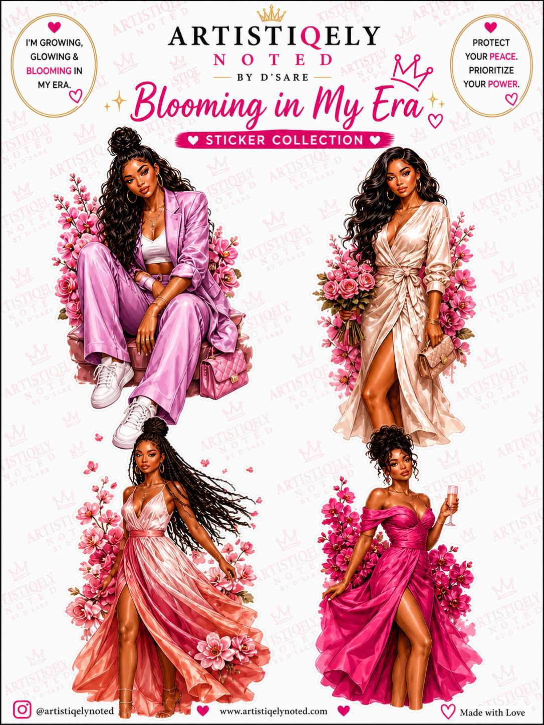 Blooming In My Era 04 sticker sheet by Artistiqely Noted, featuring colorful floral and decorative stickers for crafts and journaling.
