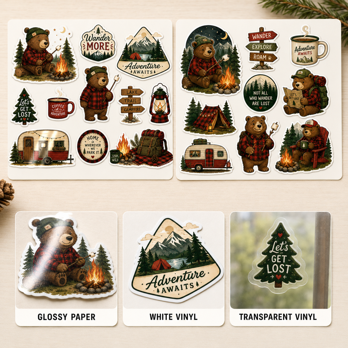 Camping bear sticker collection with Glossy Paper, White Vinyl and Transparent Vinyl material examples.