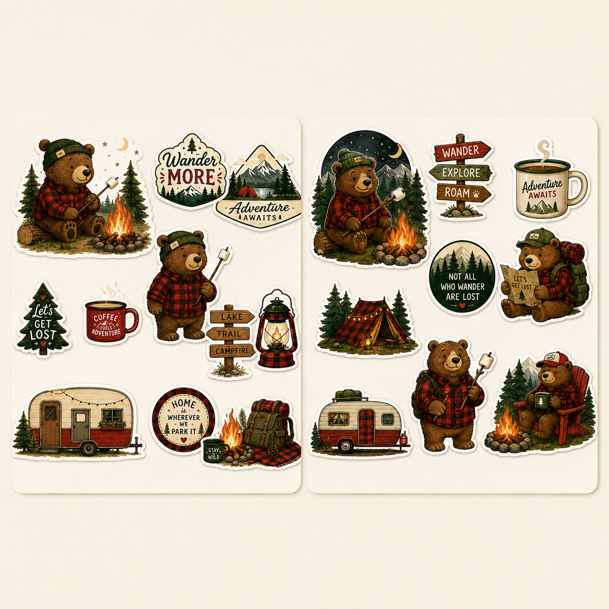 Front-facing close-up of two camping bear sticker sheets with caravans, tents, campfires, mugs and outdoor sayings.