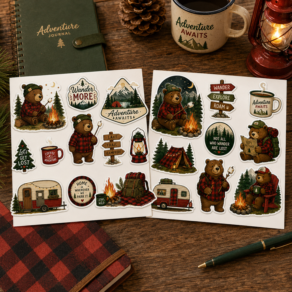 Two Camping Bear Adventure sticker sheets styled on a rustic journaling desk with red plaid and forest-green accessories.