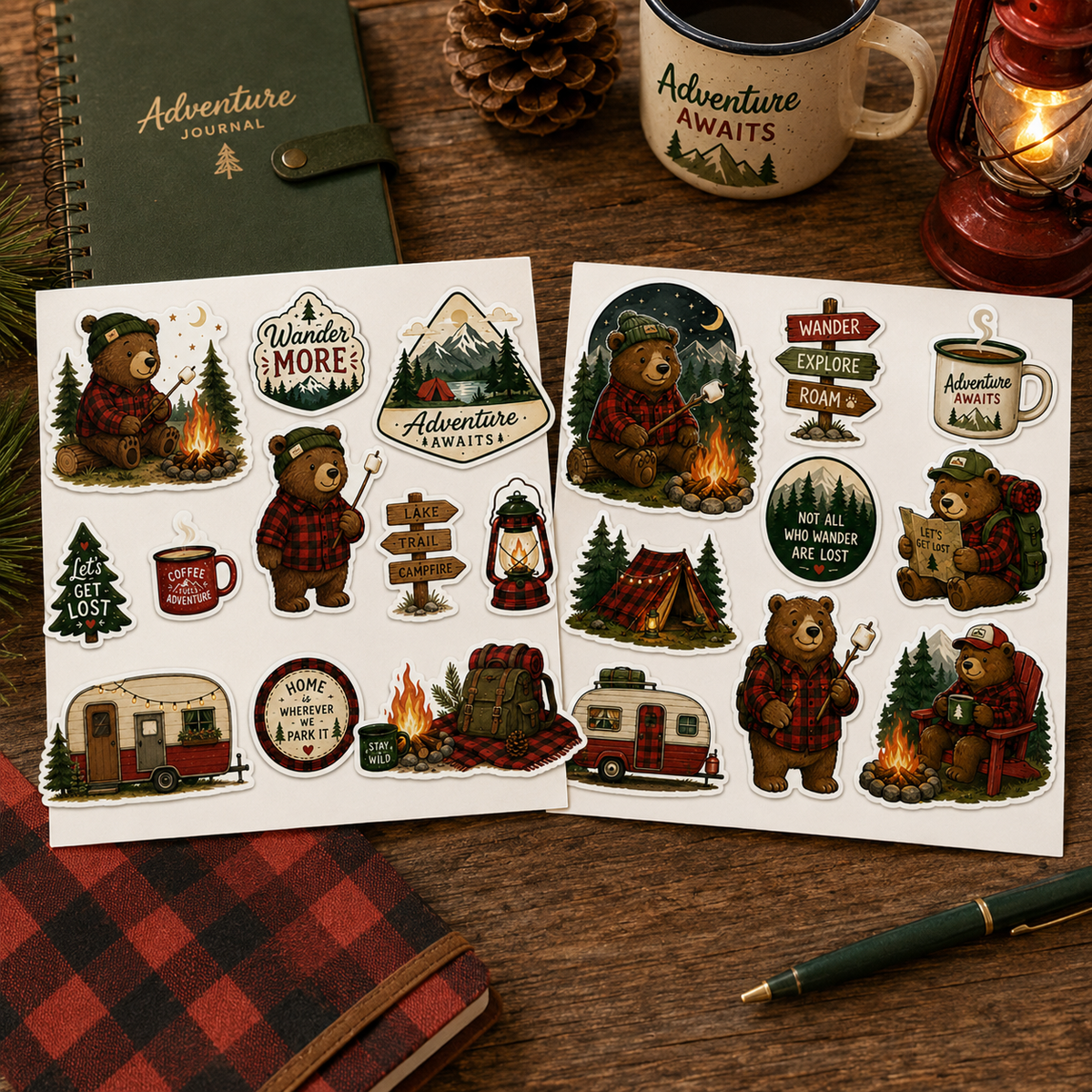 Two Camping Bear Adventure sticker sheets styled on a rustic journaling desk with red plaid and forest-green accessories.