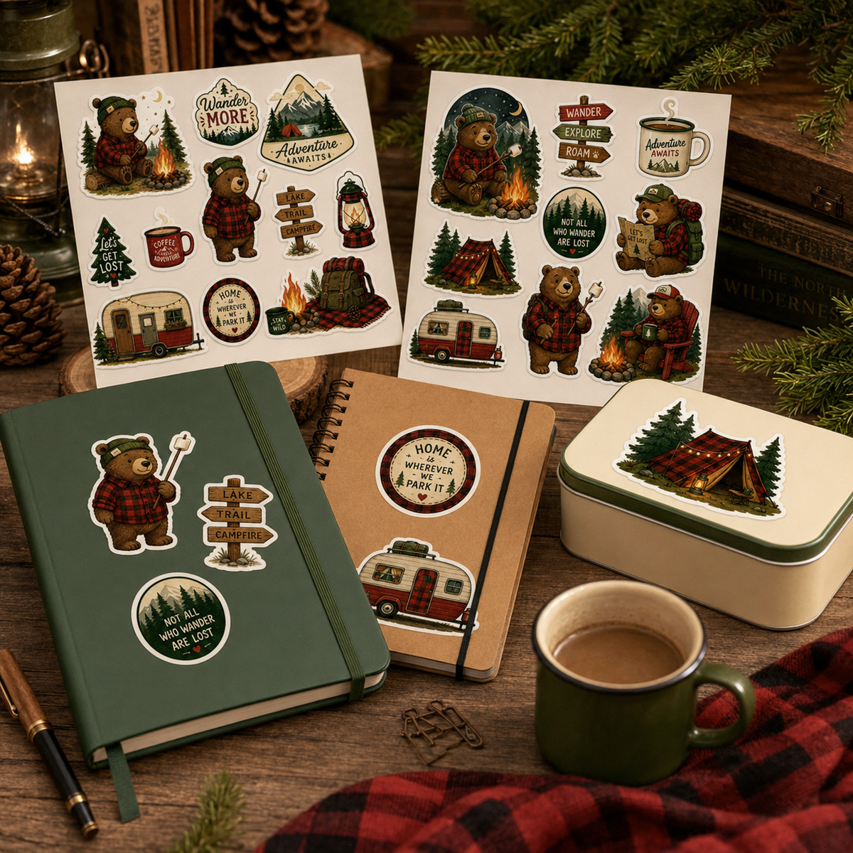 Camping bear stickers decorating forest-green and kraft journals and a cream storage tin.