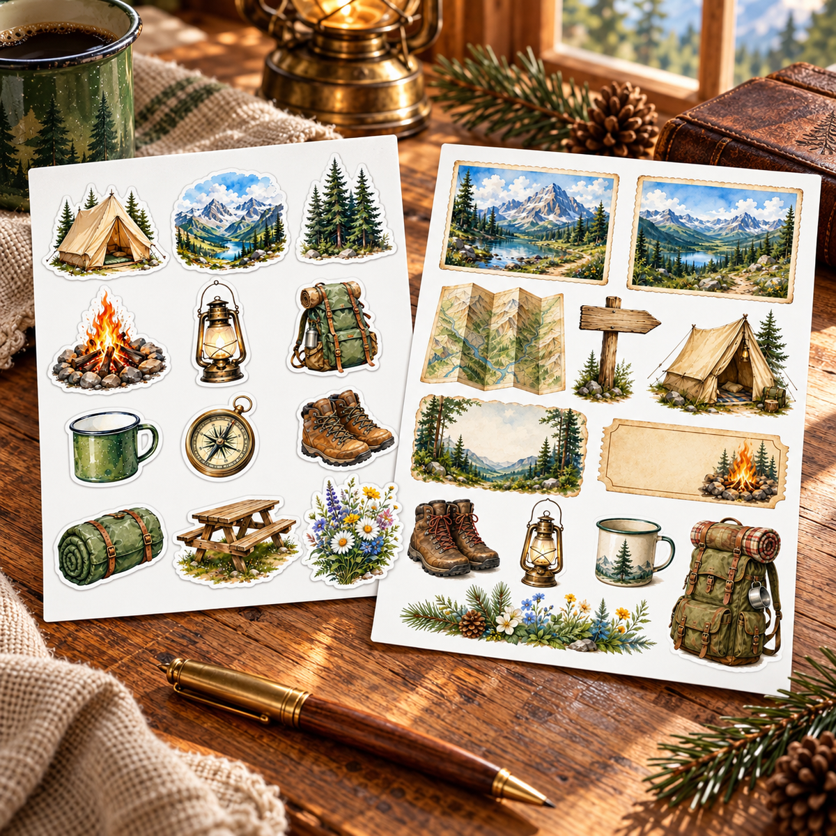 Camping and mountain sticker set on a luxe cabin desk beside a brass pen and green mug