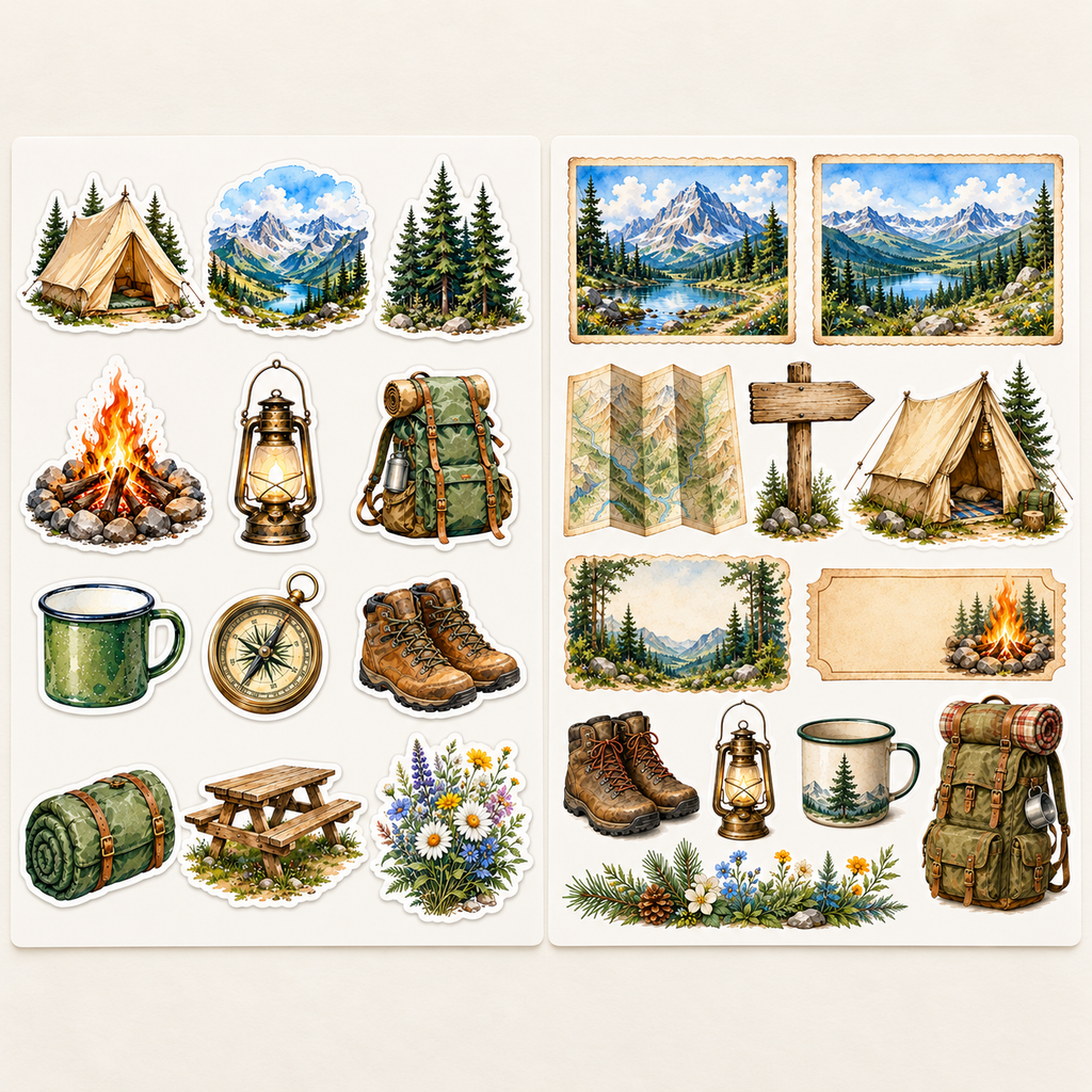 Front-facing camping and mountain sticker sheets showing the complete coordinated artwork