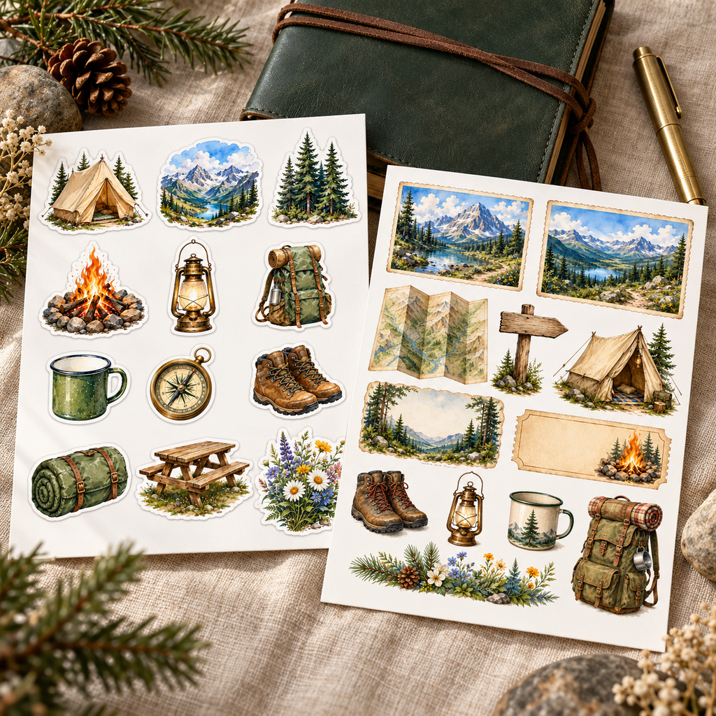Camping sticker set styled beside a forest green travel journal on linen