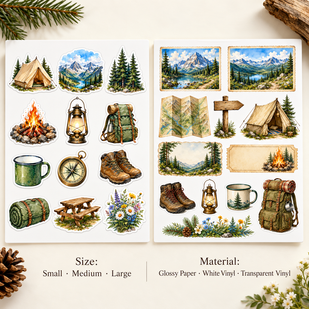 Camping sticker size and material guide: Small, Medium, Large; Glossy Paper, White Vinyl, Transparent Vinyl