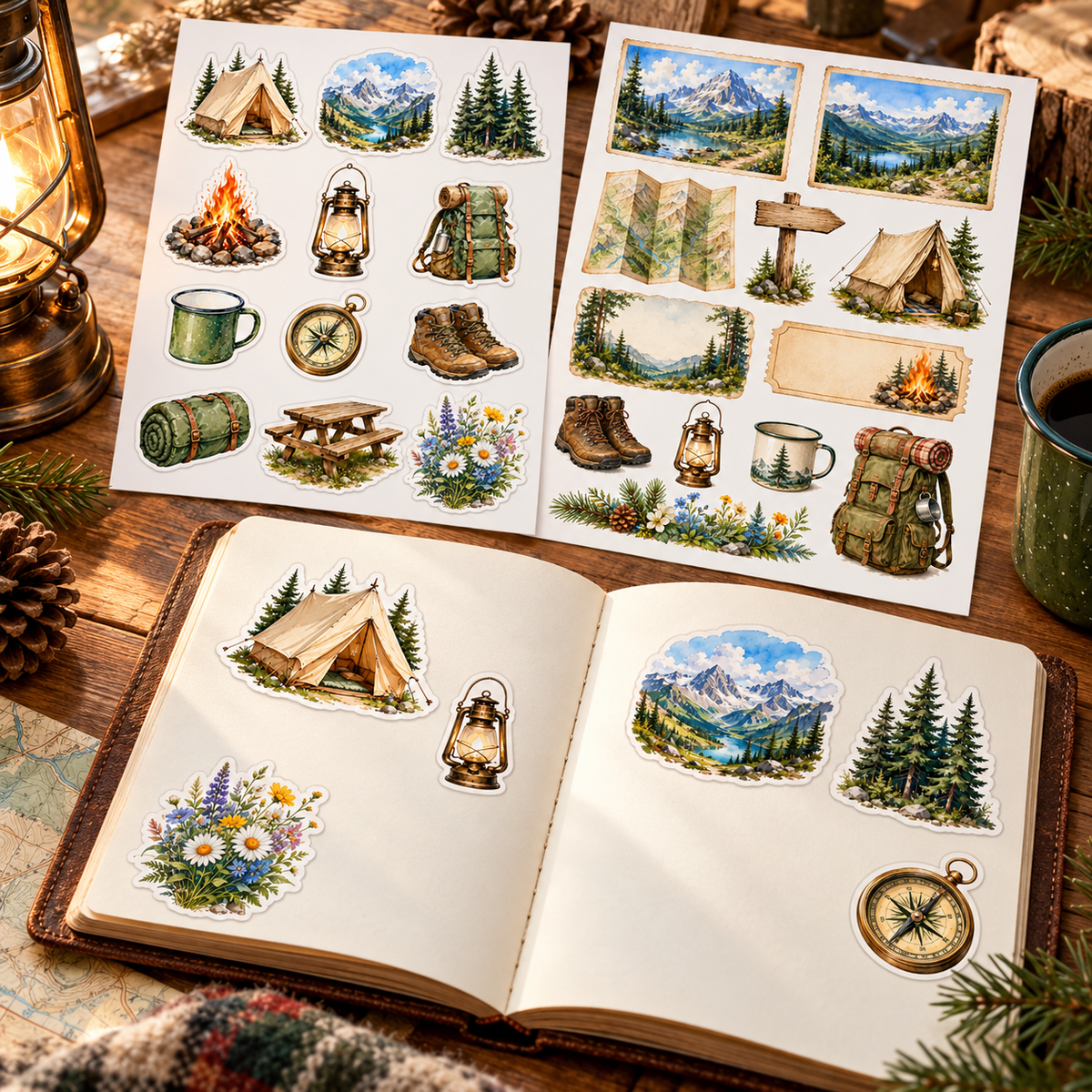Camping stickers decorating an open travel journal in a warm cabin lifestyle scene