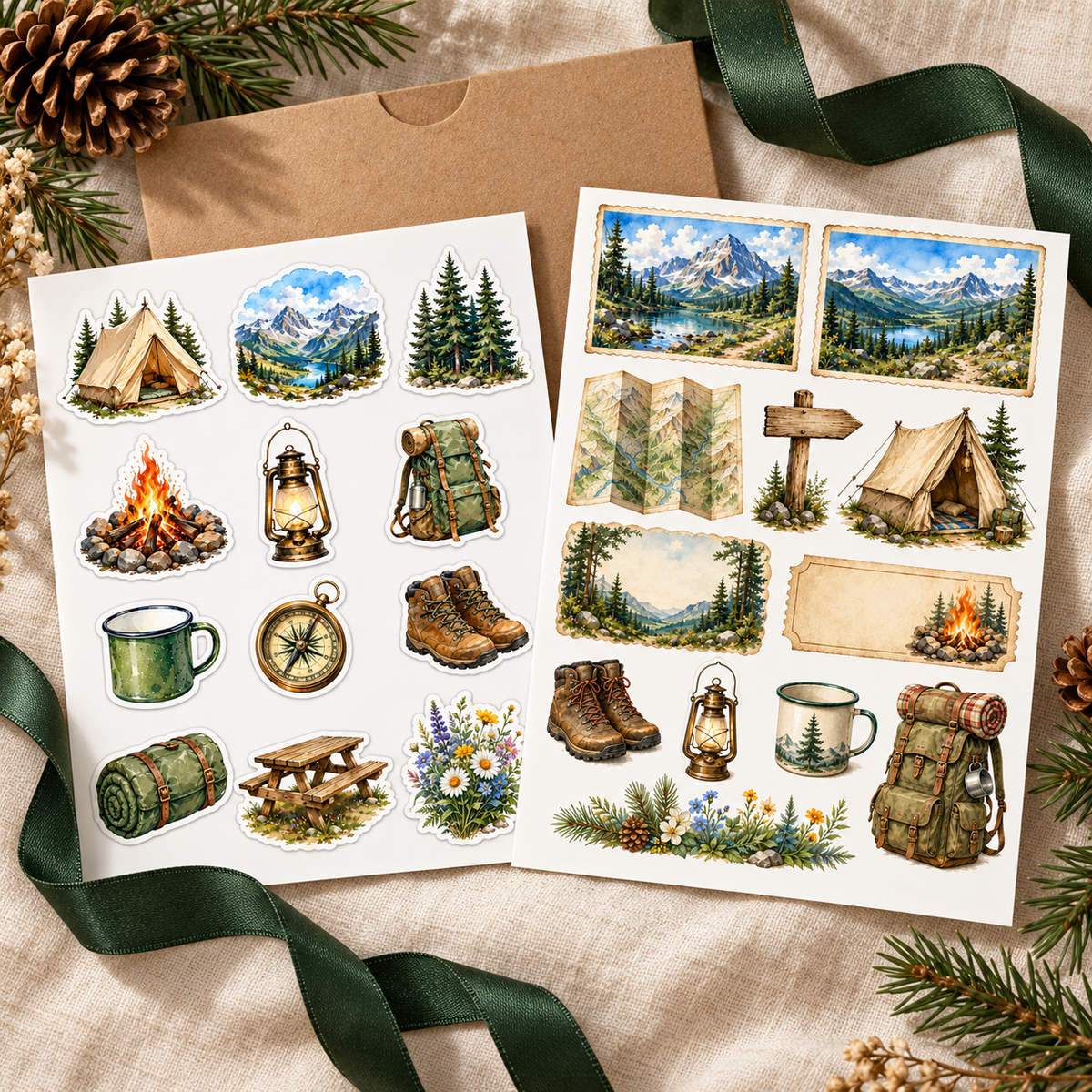 Camping sticker set with kraft sleeve and green ribbon for gifting inspiration; styling props not included
