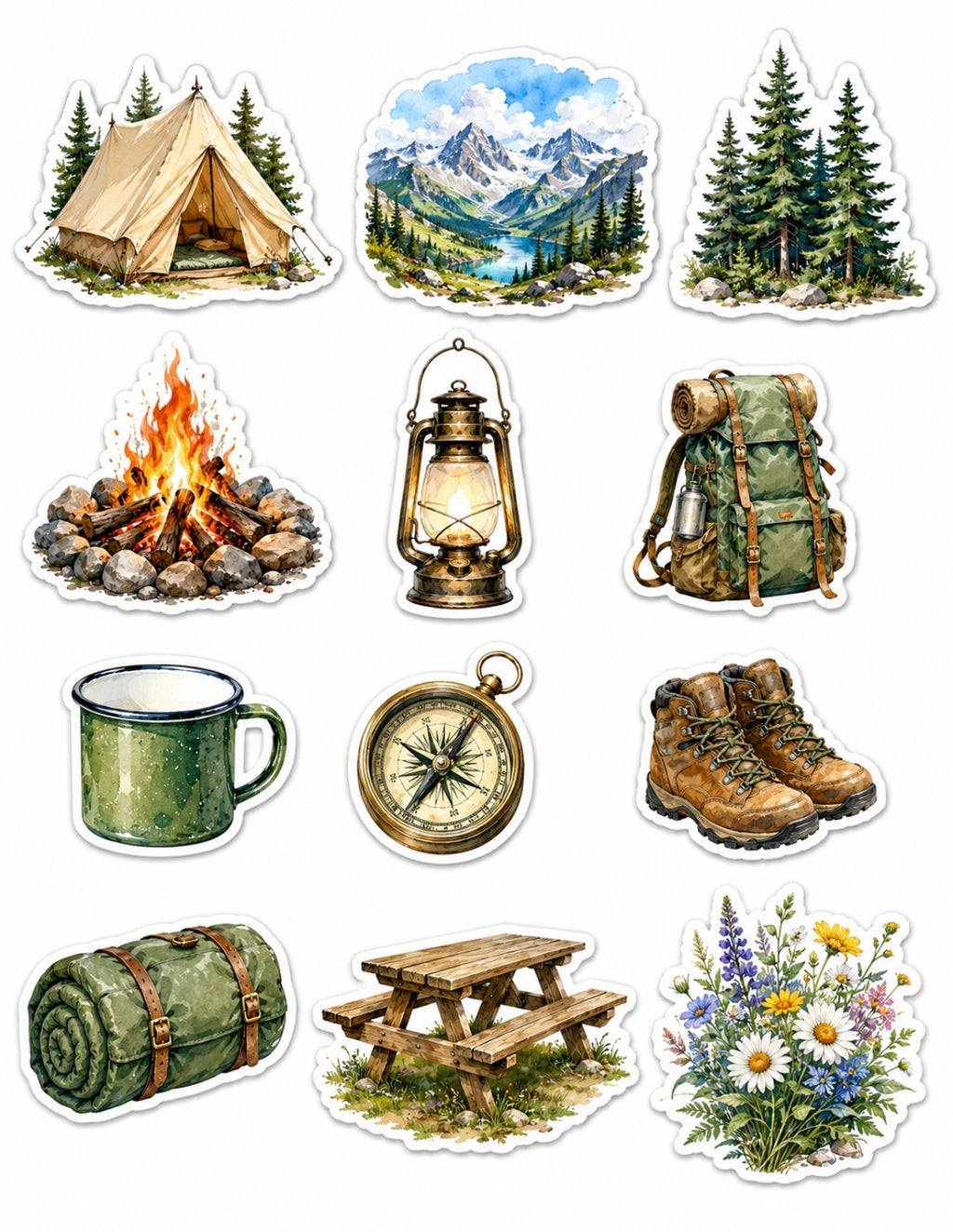 Camping sticker sheet with tent, mountains, pine trees, campfire, lantern, backpack, compass, boots and flowers