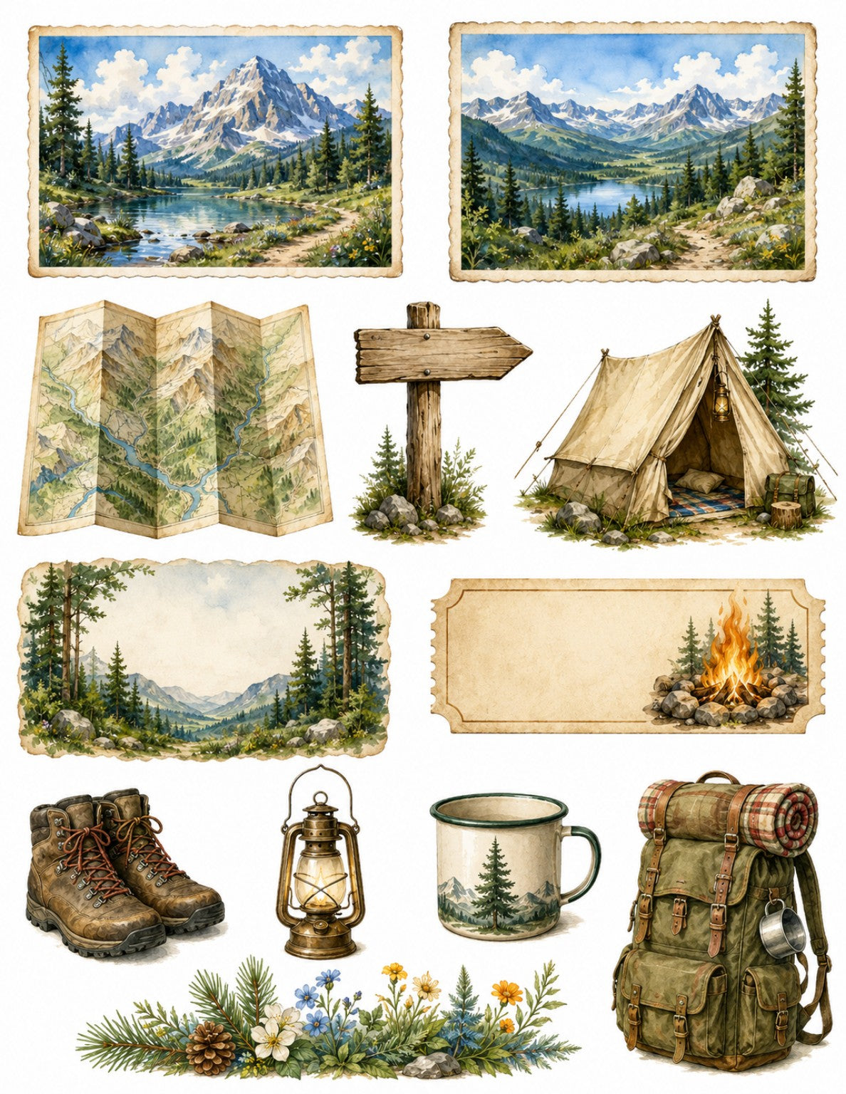 Mountain camping journal stickers with alpine landscapes, map, tent, rustic labels and hiking accessories
