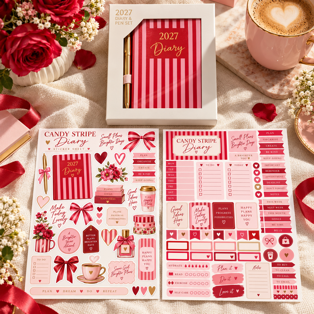 Candy Stripe diary and sticker bundle on a cosy desk beside coffee and flowers