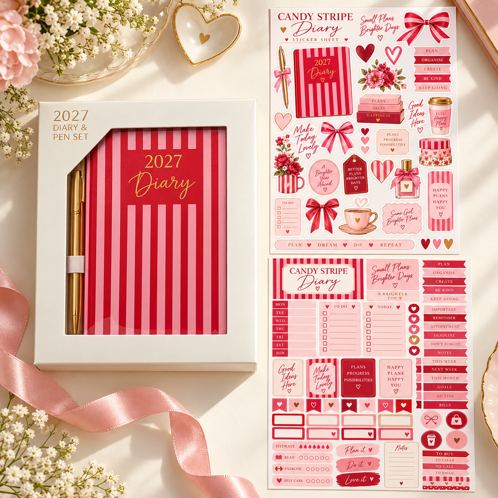 Candy Stripe diary gift set and both coordinating sticker sheets shown on an ivory background