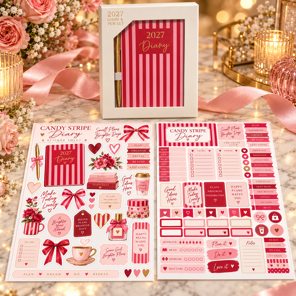 Candy Stripe diary gift set with both sticker sheets styled with blush ribbon and champagne lights