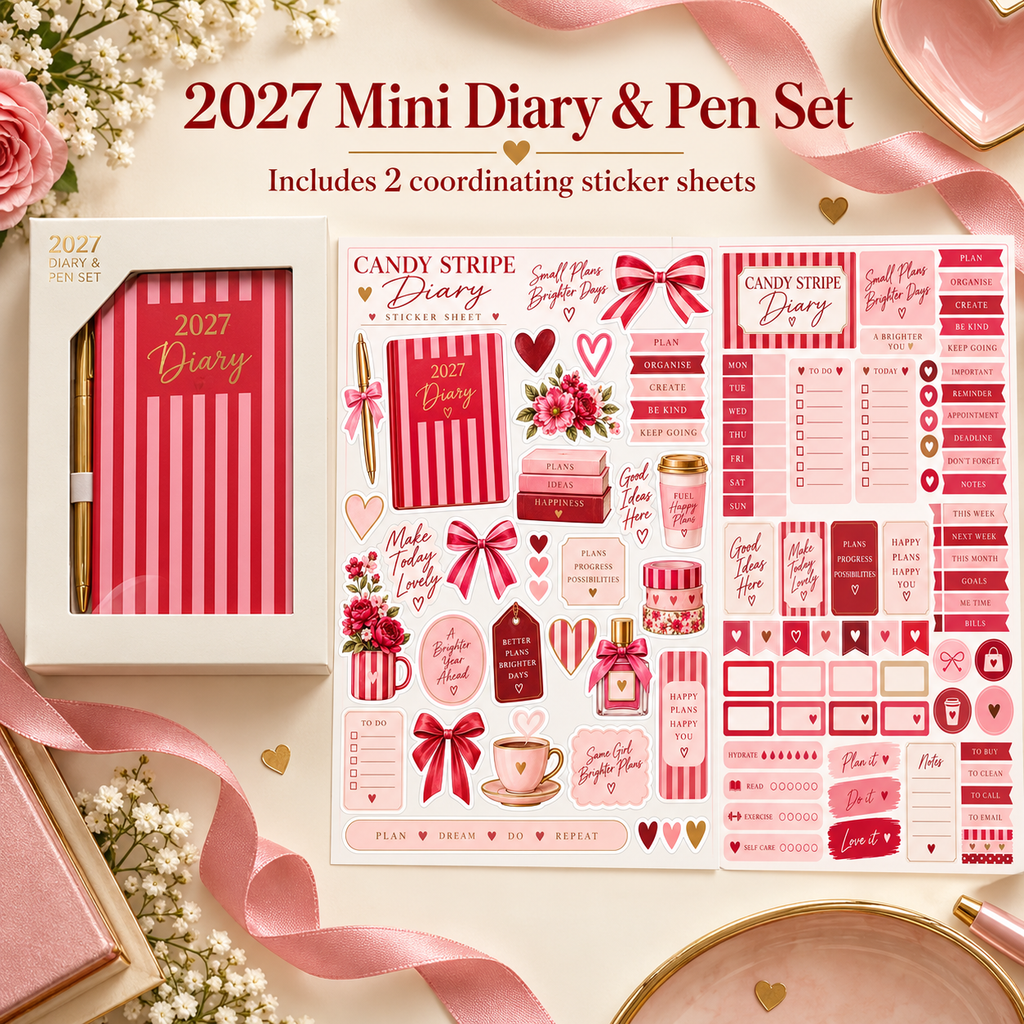 2027 mini diary and pen set guide showing two coordinating Candy Stripe sticker sheets