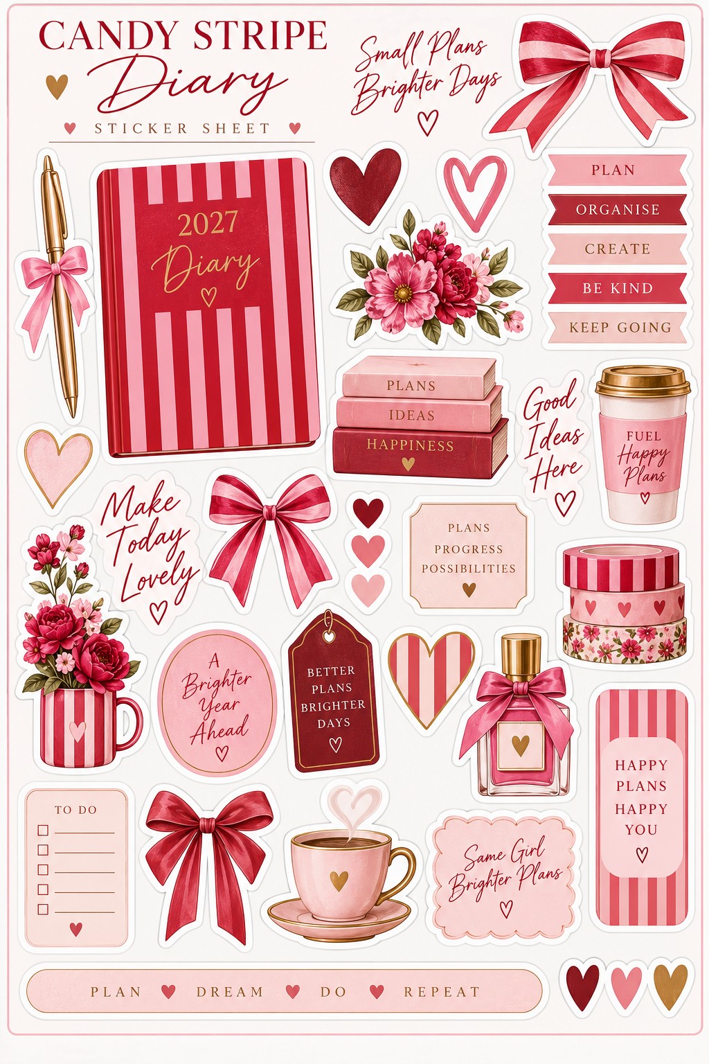 Decorative Candy Stripe sticker sheet with red and pink bows, flowers, hearts and planning phrases