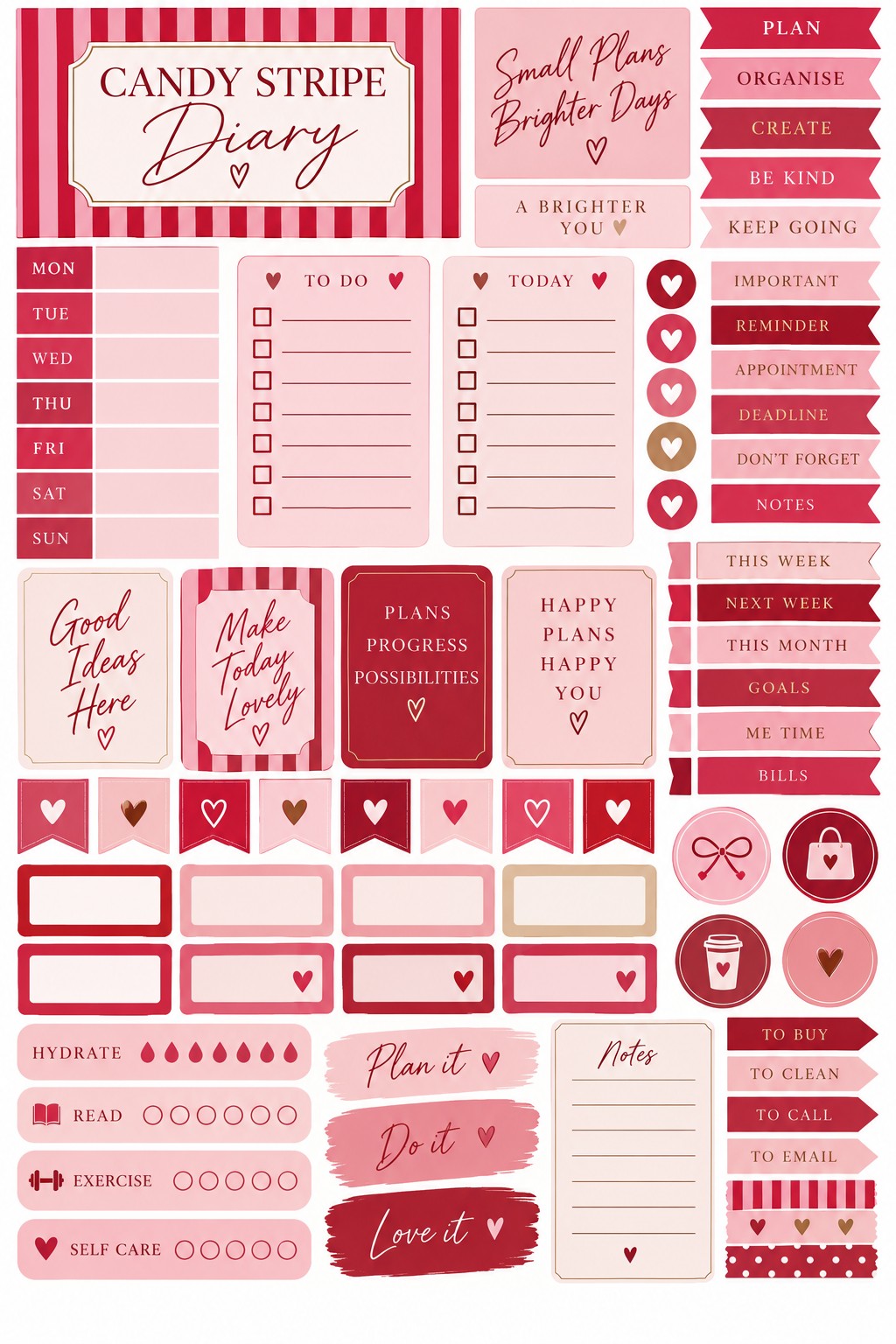 Functional Candy Stripe planner sticker sheet with weekday labels, checklists, flags and habit trackers