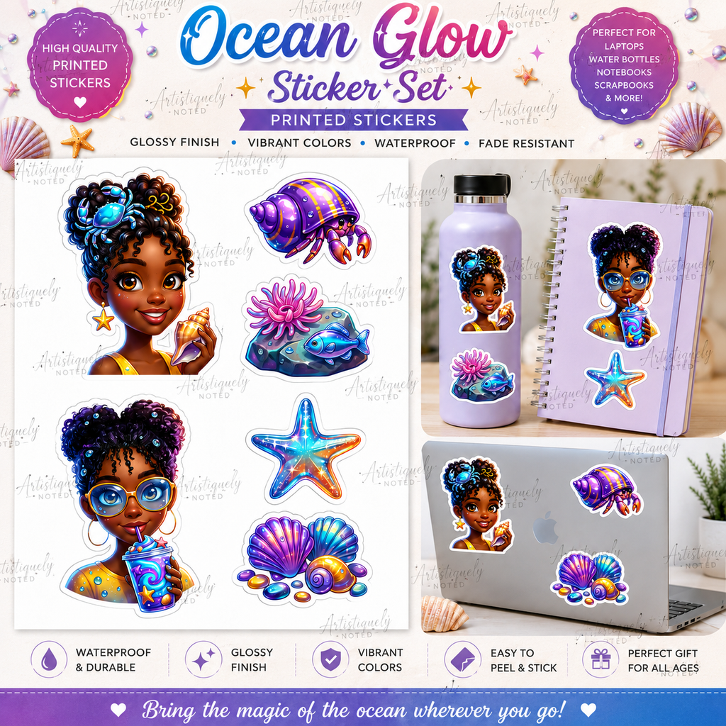 Ocean Glow Black Girl sticker sheet by Artistiqely Noted featuring waterproof vinyl stickers with vibrant, artistic designs.