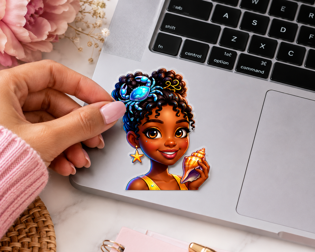 Ocean Glow Black Girl sticker sheet featuring waterproof vinyl stickers with vibrant, artistic illustrations of Black girls.