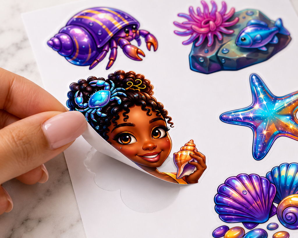 Ocean Glow Black Girl sticker sheet featuring waterproof vinyl stickers with vibrant, artistic designs by Artistiqely Noted by D'Sare
