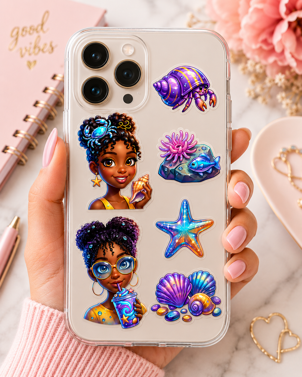 Ocean Glow Black Girl sticker sheet by Artistiqely Noted, featuring waterproof vinyl stickers with vibrant, empowering designs.