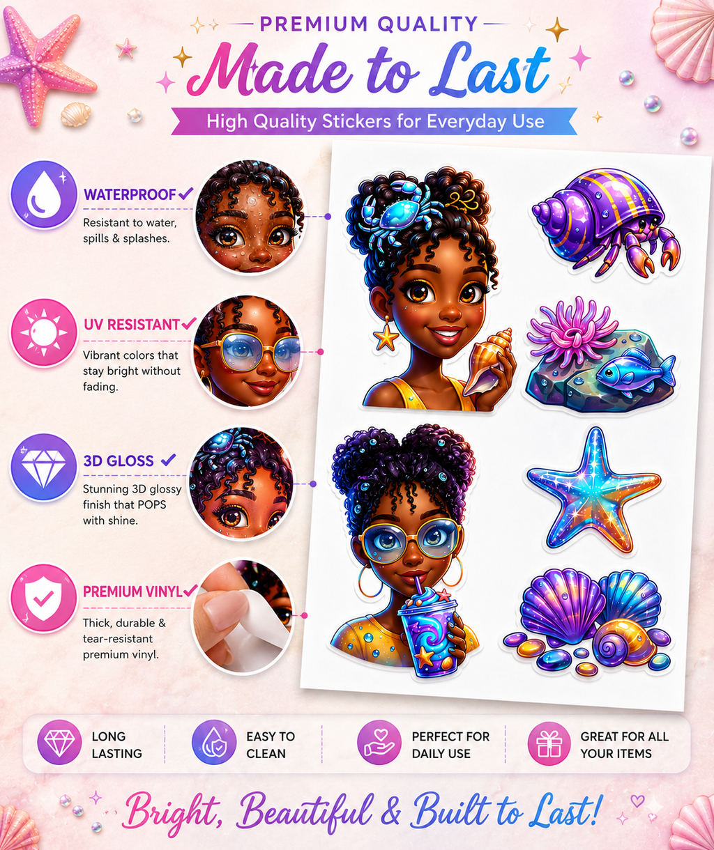 Ocean Glow Black Girl sticker sheet by Artistiqely Noted, waterproof vinyl stickers featuring vibrant, artistic illustrations of Black girls.