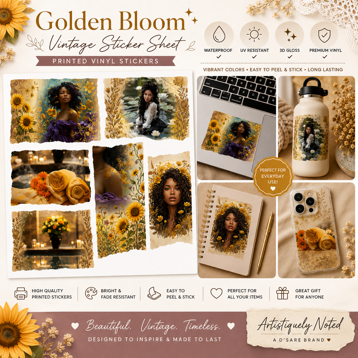 Golden Bloom vintage sticker sheet featuring waterproof vinyl stickers with cottagecore floral designs by Artistiqely Noted.