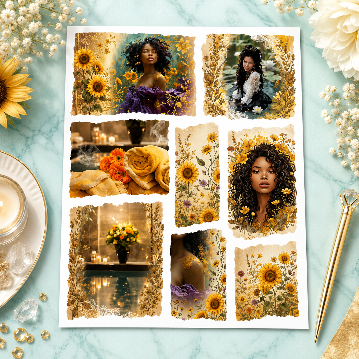 Golden Bloom vintage sticker sheet featuring waterproof vinyl stickers with cottagecore floral designs by Artistiqely Noted.