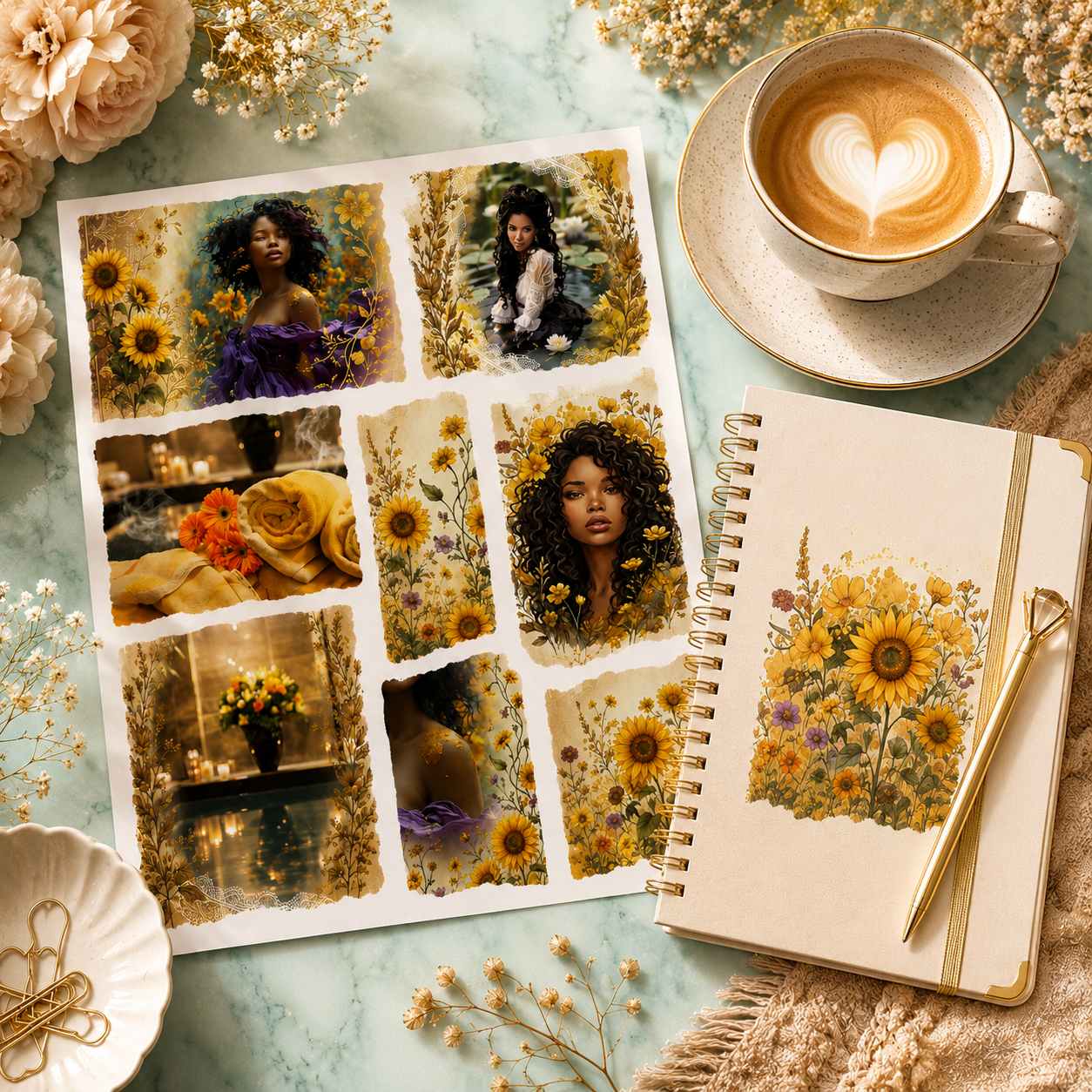 Golden Bloom vintage sticker sheet featuring waterproof vinyl floral stickers with cottagecore aesthetic by Artistiqely Noted.