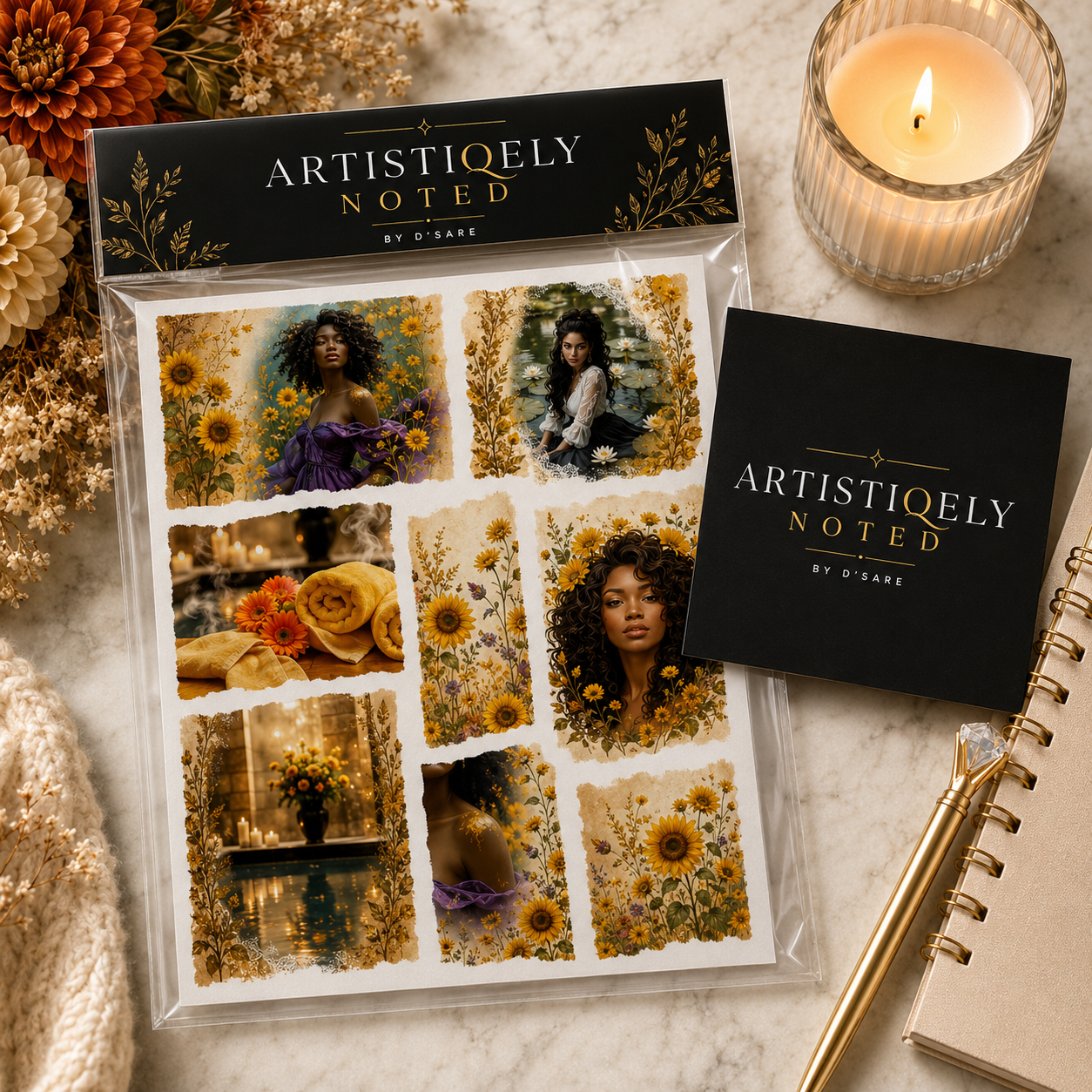 Golden Bloom vintage sticker sheet featuring waterproof vinyl floral stickers with cottagecore aesthetic by Artistiqely Noted.