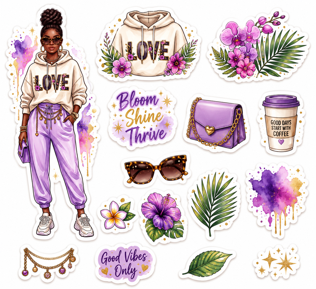 Tropical black woman with summer floral fashion, planner journal stickers by Artistiqely Noted, featuring vibrant tropical designs.