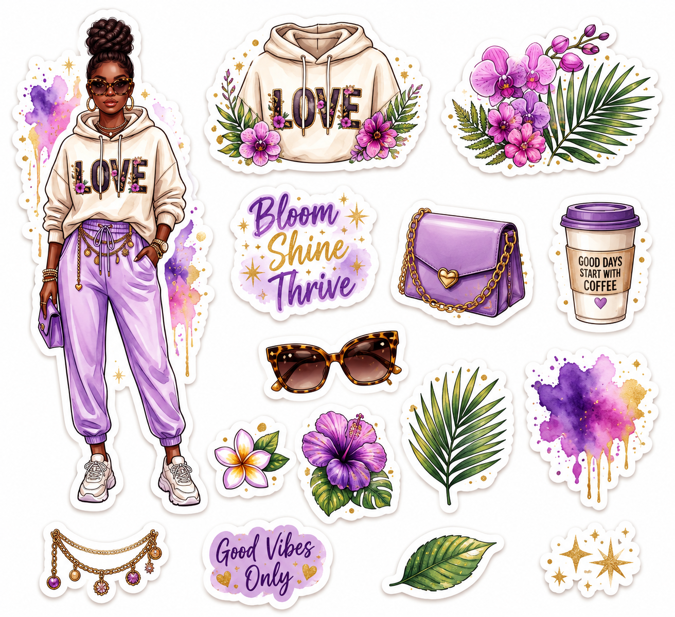 Tropical black woman with summer floral fashion, planner journal stickers by Artistiqely Noted, featuring vibrant tropical designs.
